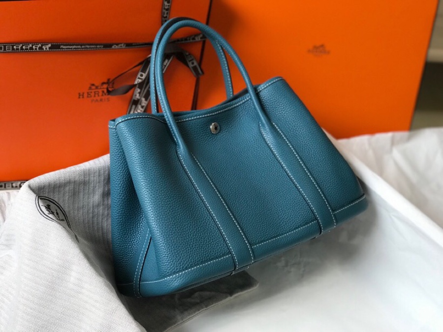 Hermes Garden Party 36cm Tote Handbag In Blue Jean Clemence Leather